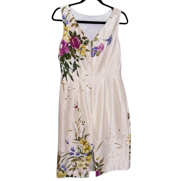 Kay Unger Size S Rosette Floral Sheath Dress Cream 100% Silk Summer Tea Party - Picture 3 of 9